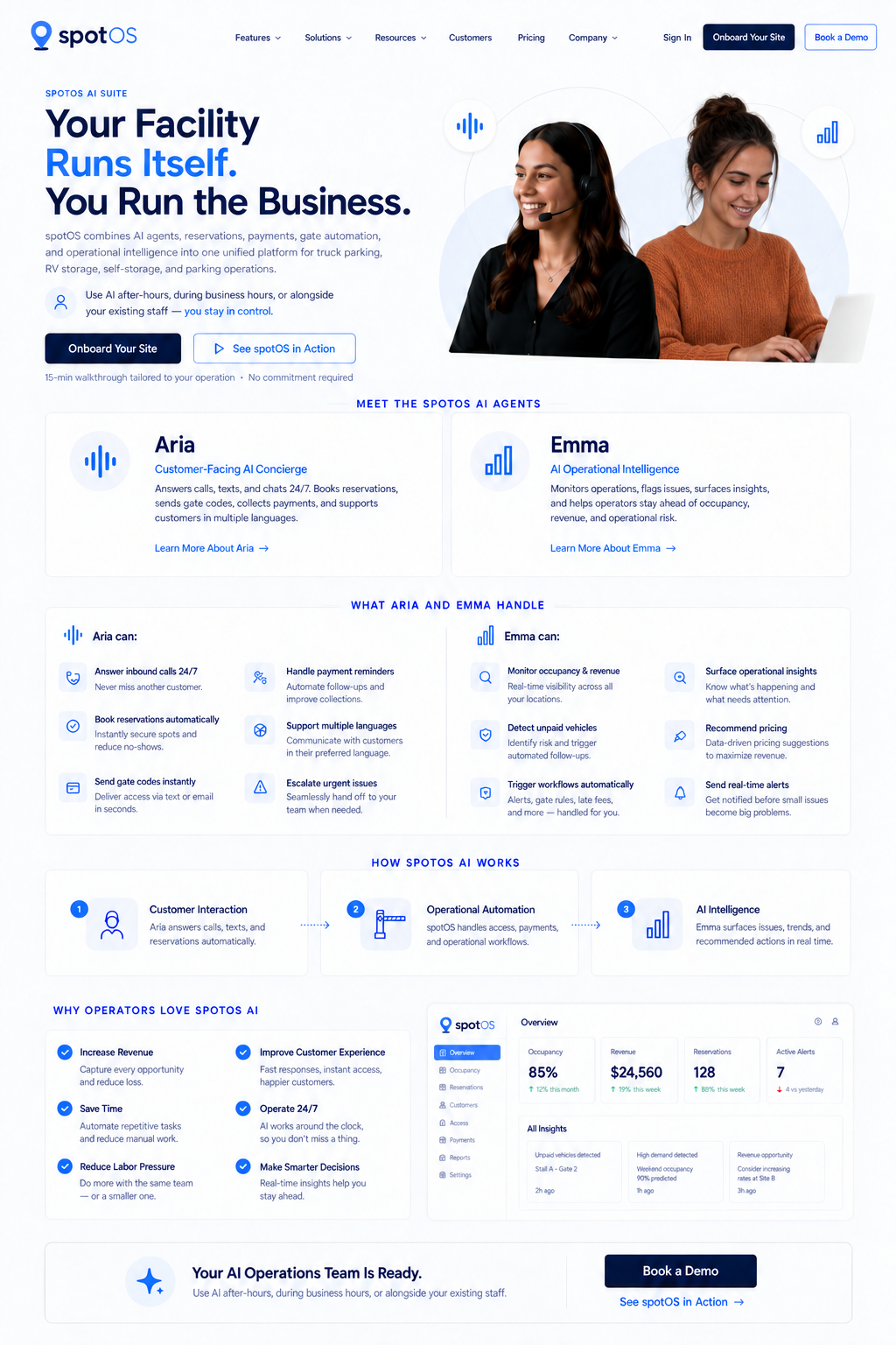 The complete spotOS Aria and Emma brochure, featuring Aria in a headset and Emma in an orange sweater, with their capabilities and an overview of how spotOS AI works.