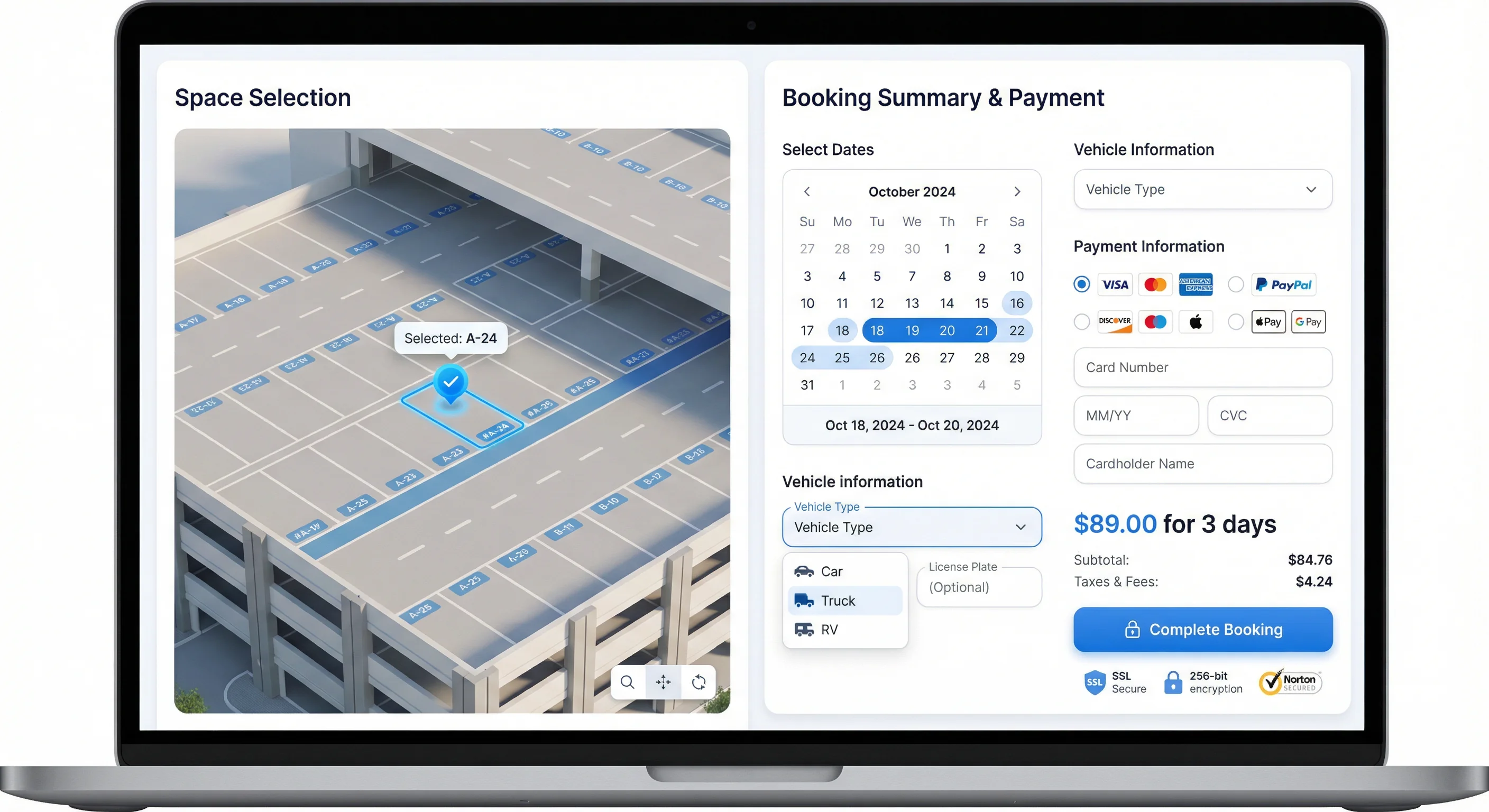 Lightning-fast checkout with 3D space selection and instant booking