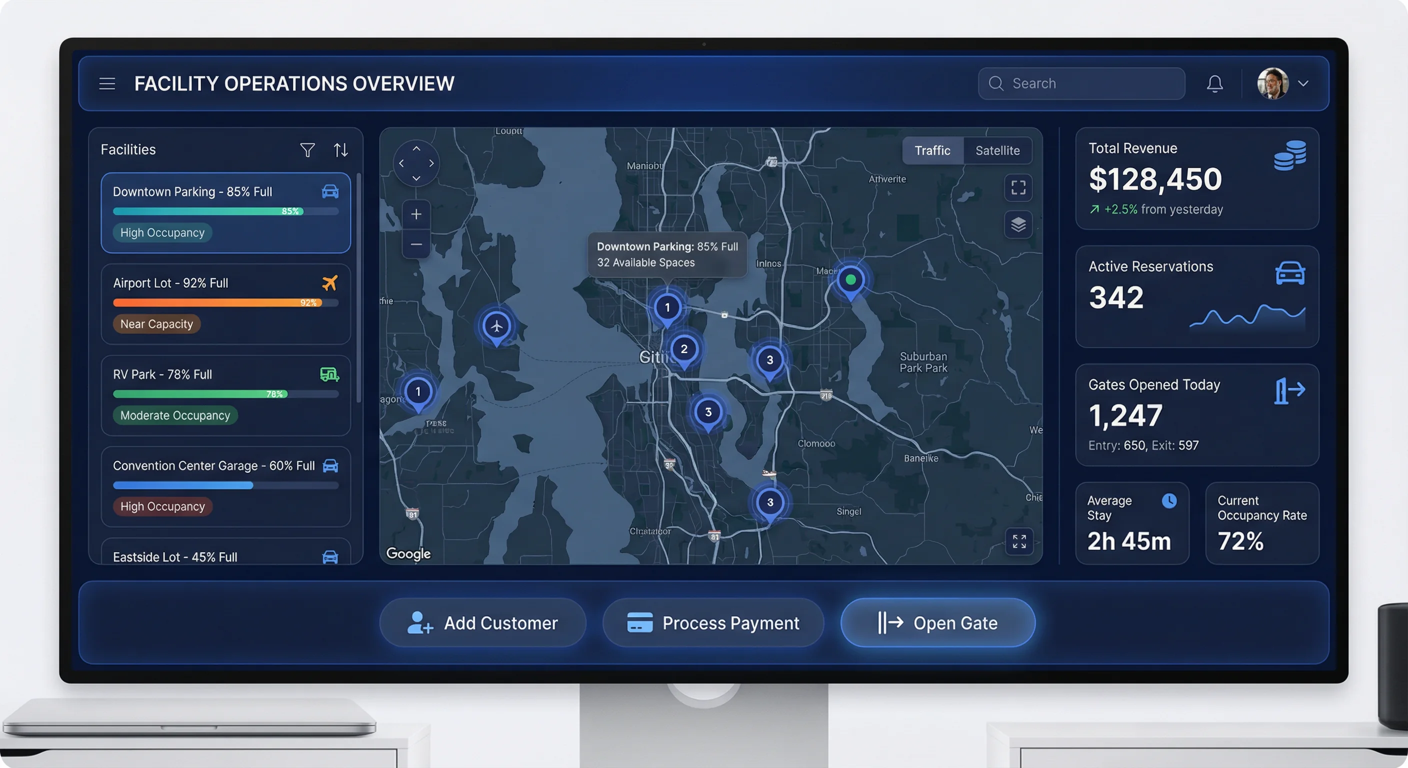 Multi-facility operations overview with map and live metrics